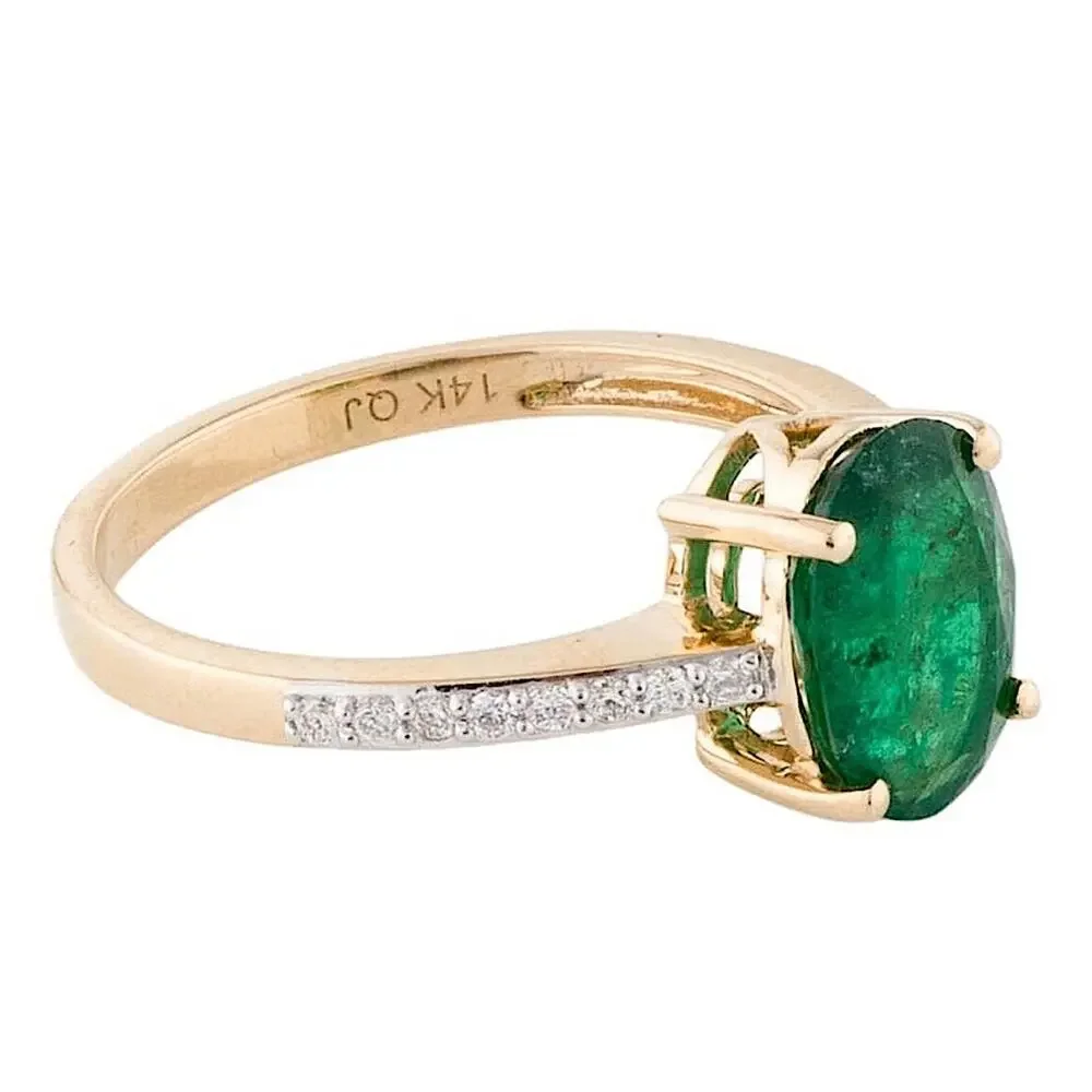 14K Yellow Gold 1.27ct Oval Emerald & 0.12 ct Diamond Cocktail Ring Size: 7 New